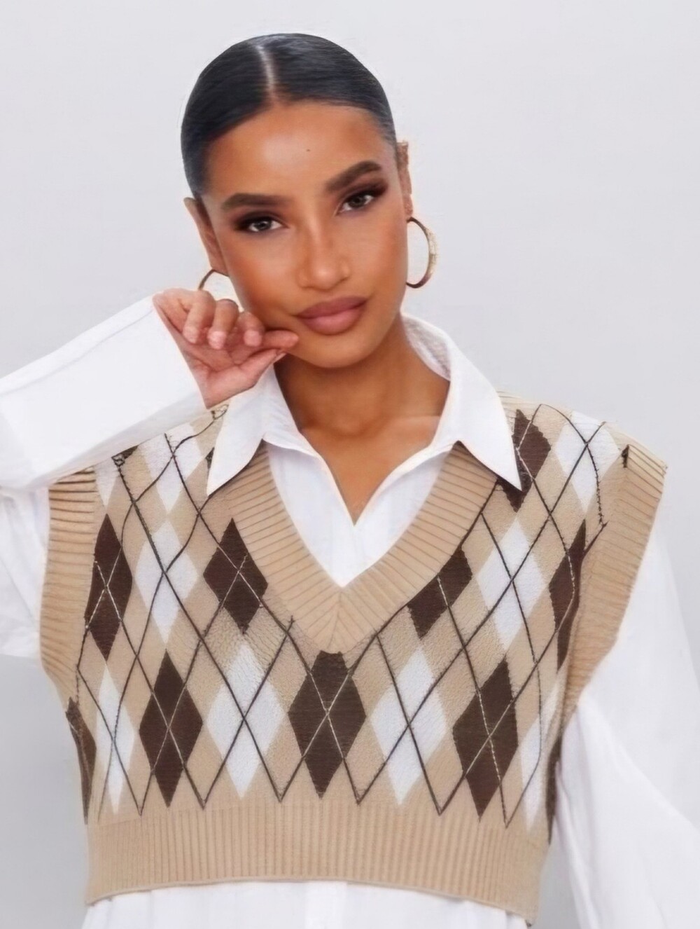 J for Justify Argyle Cropped Sweater Vest XL Brown Beige Light Blue Preppy V-Nec